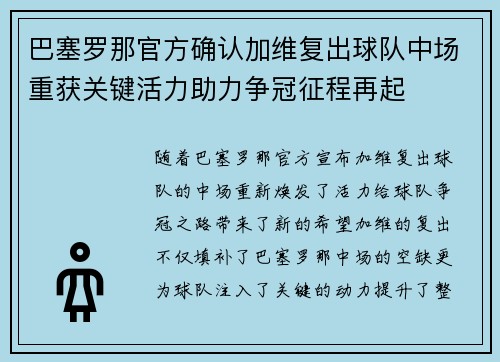 巴塞罗那官方确认加维复出球队中场重获关键活力助力争冠征程再起