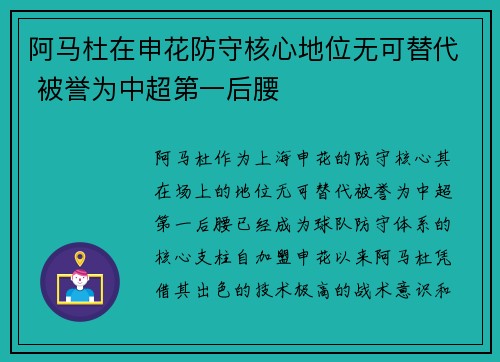 阿马杜在申花防守核心地位无可替代 被誉为中超第一后腰